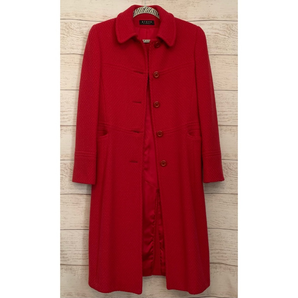 Full Length Red Knit Wool Buttoned Coat